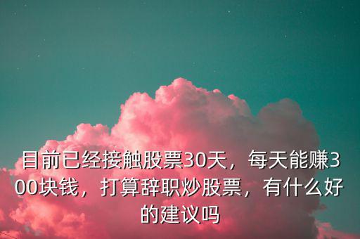 目前已經(jīng)接觸股票30天，每天能賺300塊錢，打算辭職炒股票，有什么好的建議嗎